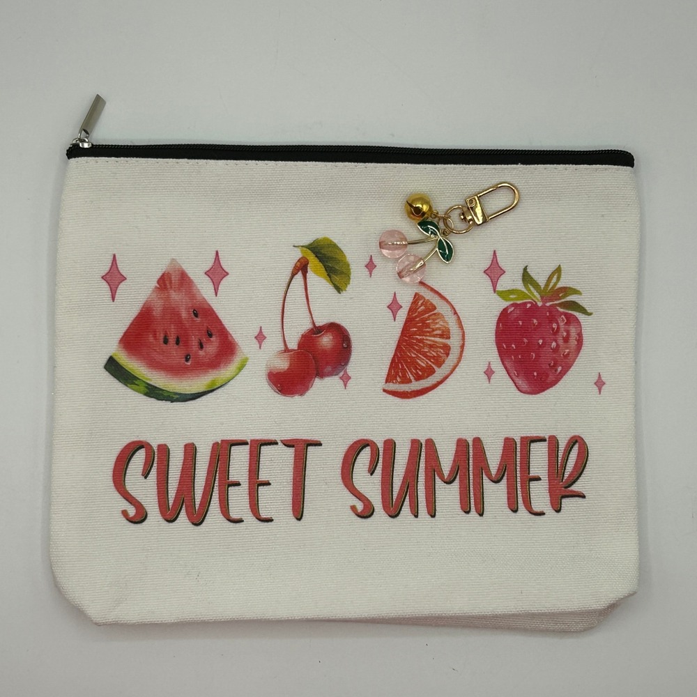 Sweet Summer Fruit Canvas Cosmetic Pouch Makeup Bag with Cherry Bell Charm NWOT